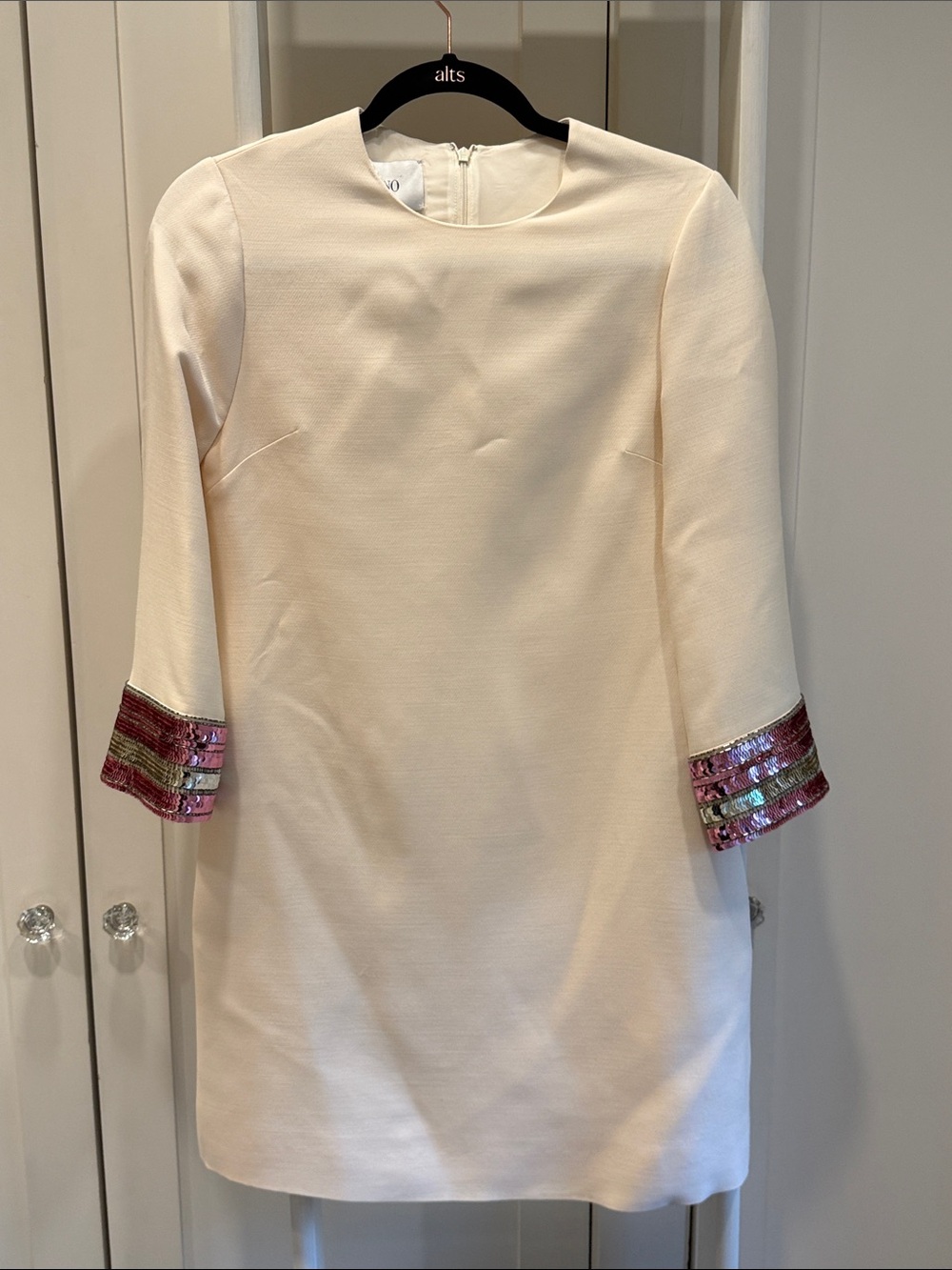 Valentino Cream Long Sleeve Shift Dress with Pink Sequin Cuffs